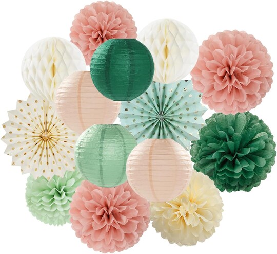14 Pcs Sage Green Boho Party Decorations Kit Tissue Pom Poms Honeycomb Balls Paper Lantern Fans Rustic Wedding Baby Shower Birthday Engagement Party Decor Set